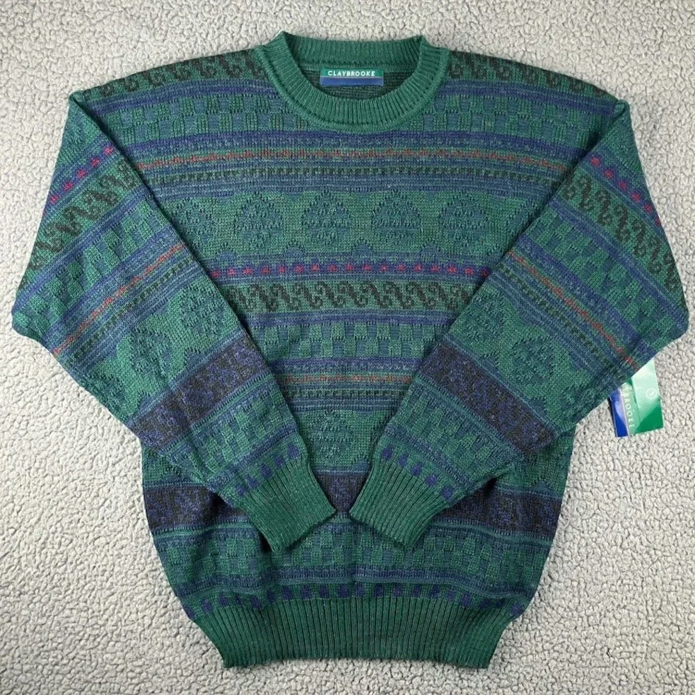 Claybrooke Vintage Mens Green‎ Geometric Fair Isle Crewneck Sweater Size L Wool